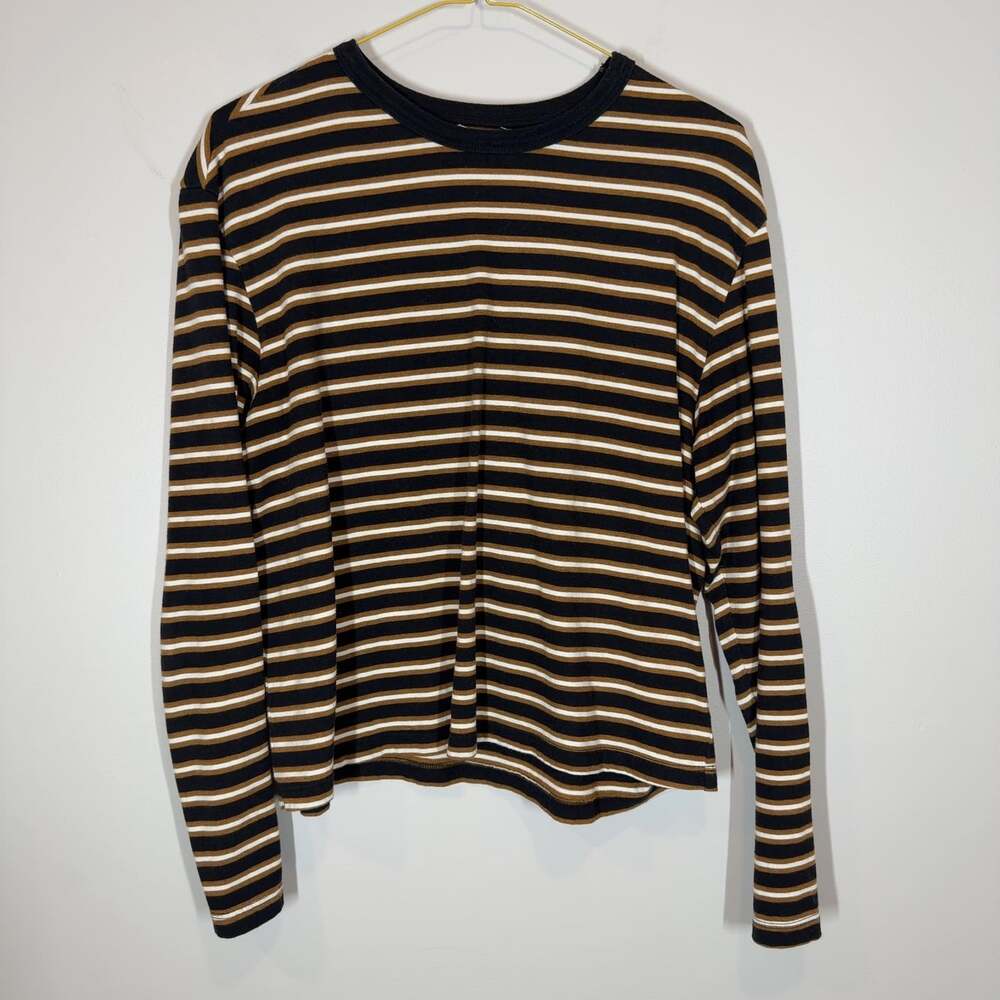 Xirena Striped Long Sleeve Crew Neck Shirt Size Small 100% Cotton Black Gold